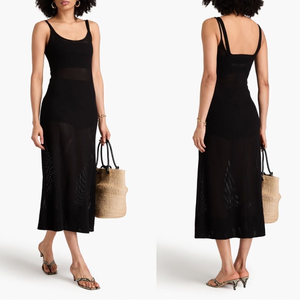 Enza Costa Stretch Cotton Modal Blend Open Knit Midi Slip Dress Black Size Large